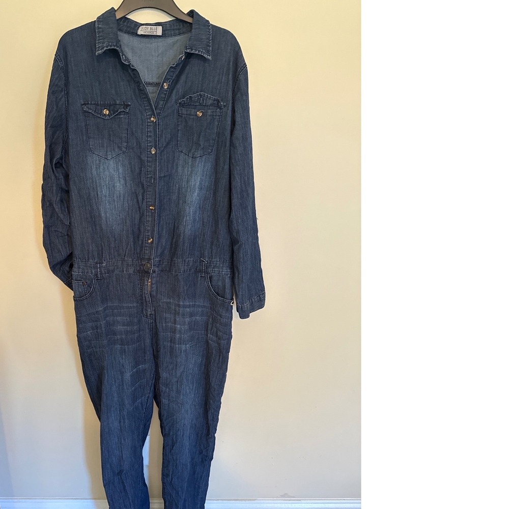 Judy Blue Denim Jumpsuit Dark Wash Long Sleeve Button Front Plus Size 3XL